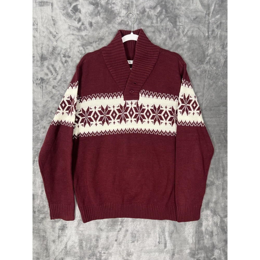 H2H Mens Shawl Collar Sweater XL Burgundy Fair Isle Snowflake Knit Pullover